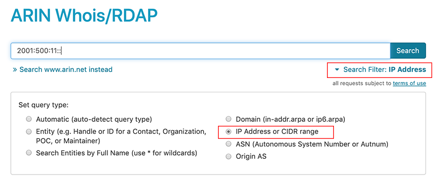 screen capture showing whois/rdap search with ip filter