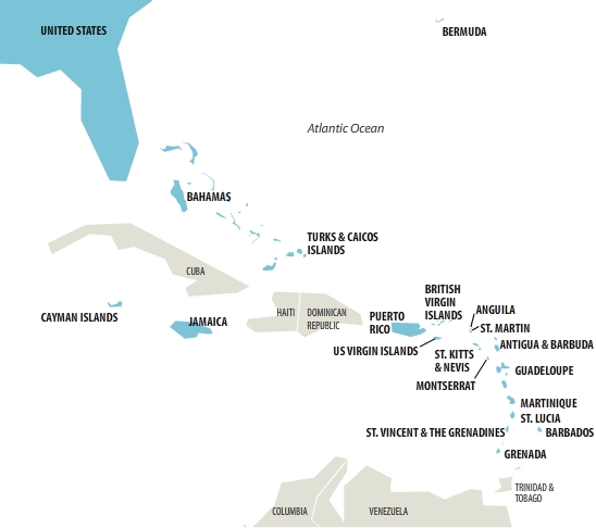 Map showing the Caribbean portion of the ARIN region