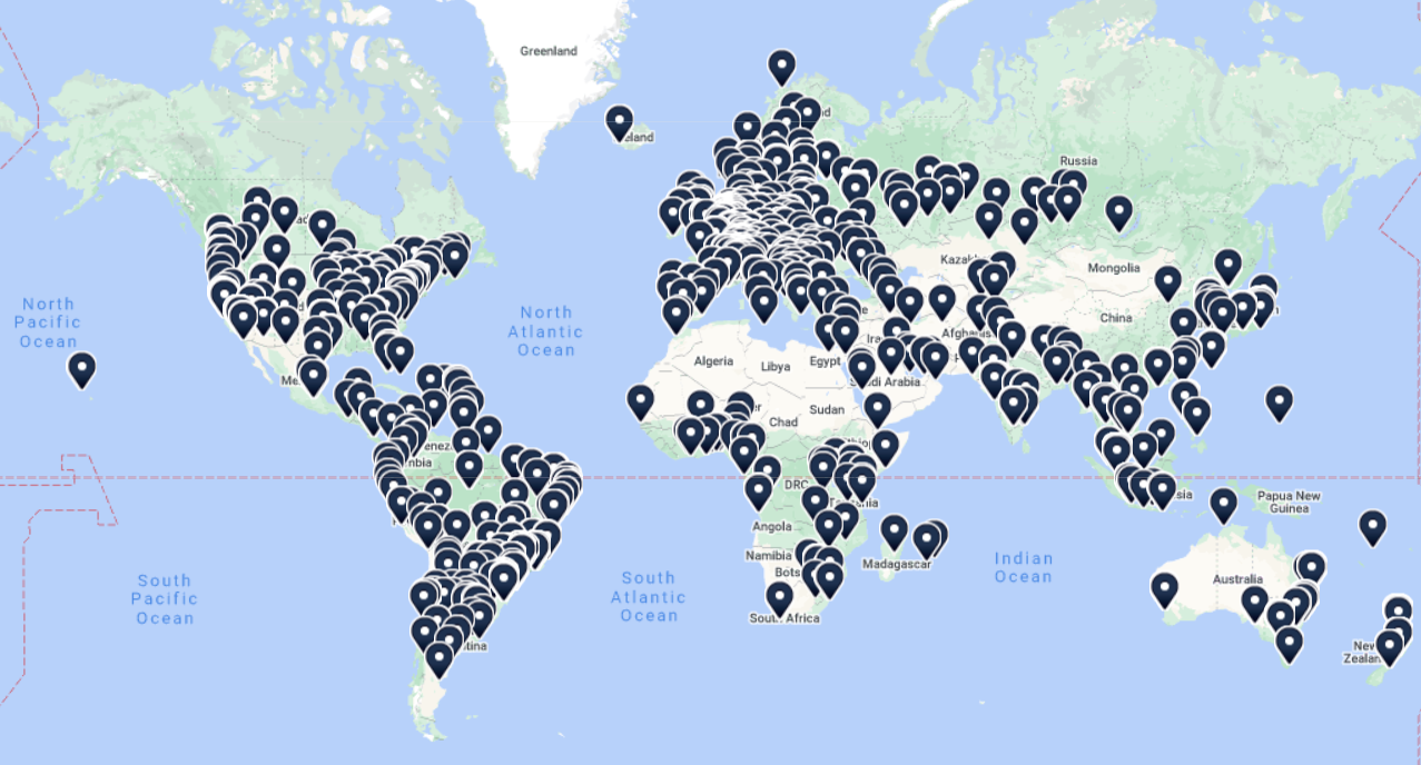 World map displaying Internet Exchange locations