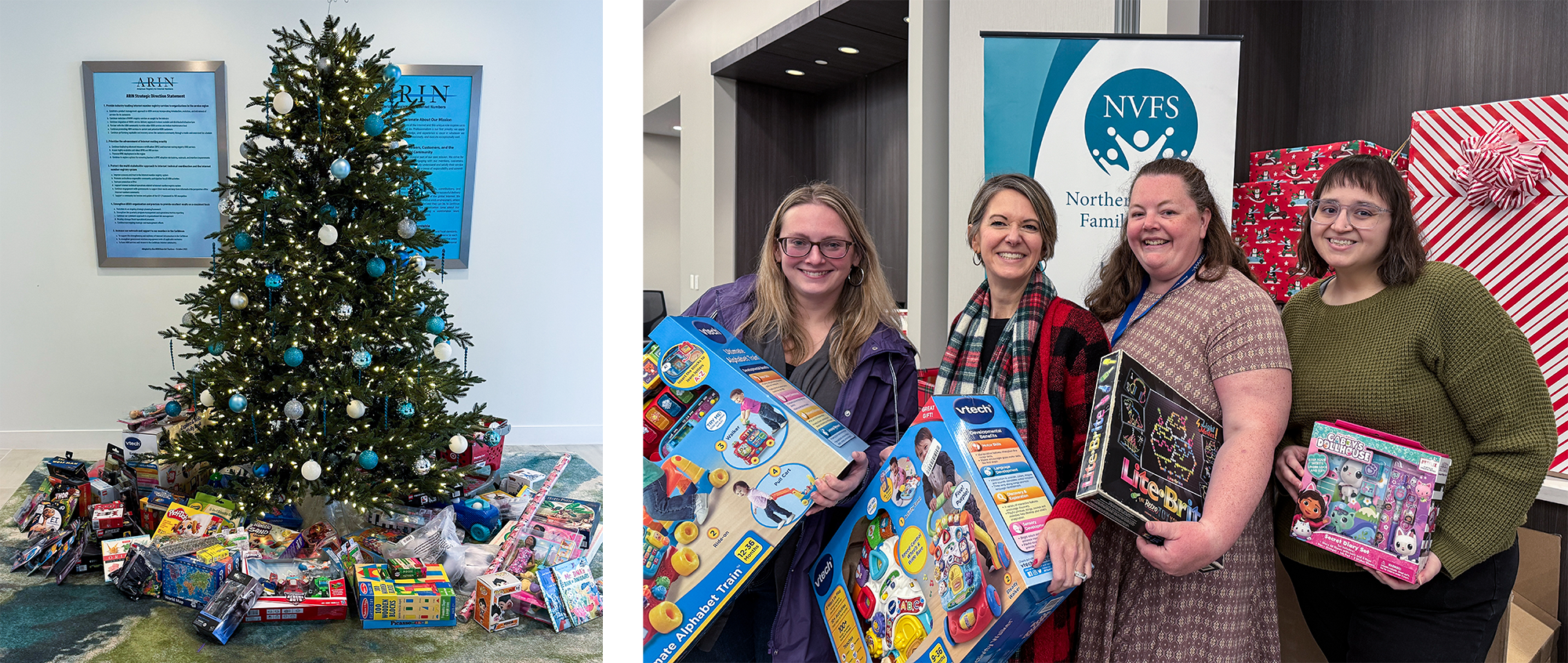 Left: Donated toys from ARIN staff collected under the holiday tree in the reception area of the ARIN office. Right: HR and Communications team members Natalie Harold, Erin Alligood, Mindy Engstrom, and Ashley Perks drop off ARIN’s gifts at NVFS.
