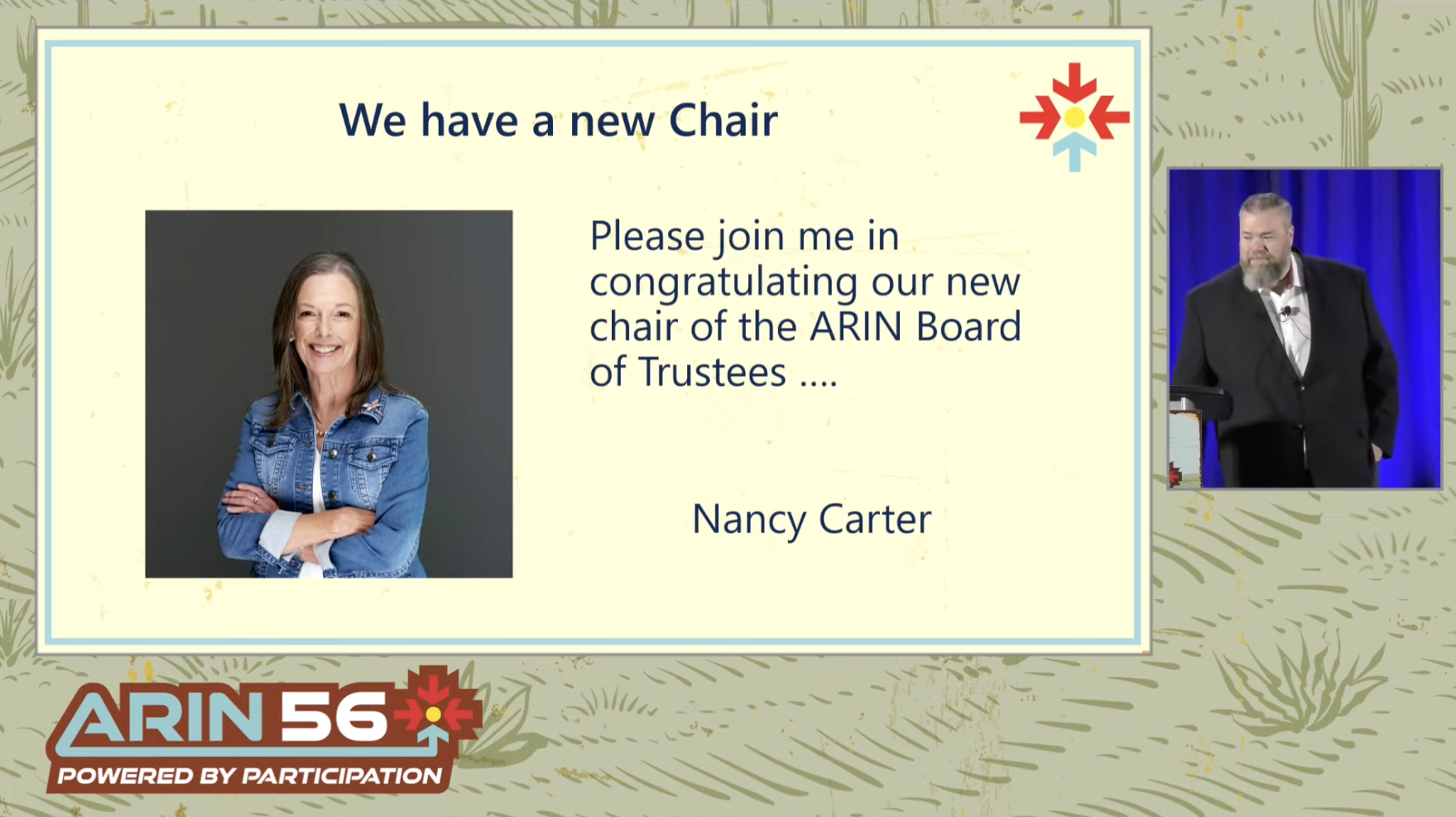 Bill Sandiford announces Nancy Carter as the new Board Chair