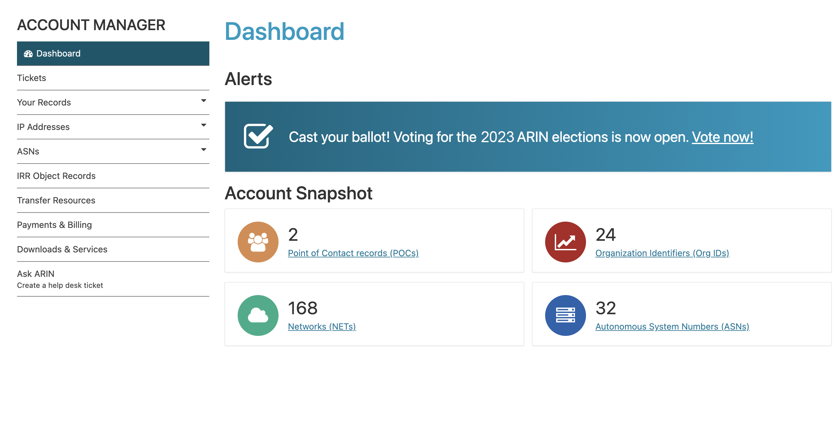 Screen shot of ARIN Online Dashboard showing Vote Now link