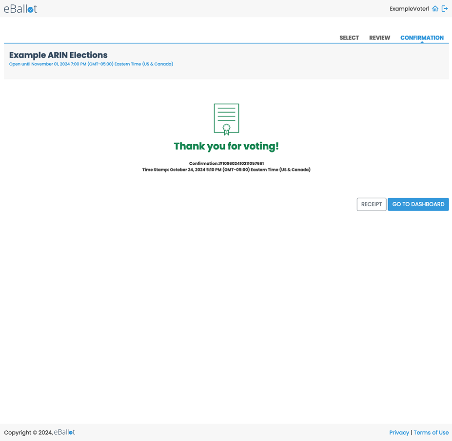 Screen shot of Ballot Receipt