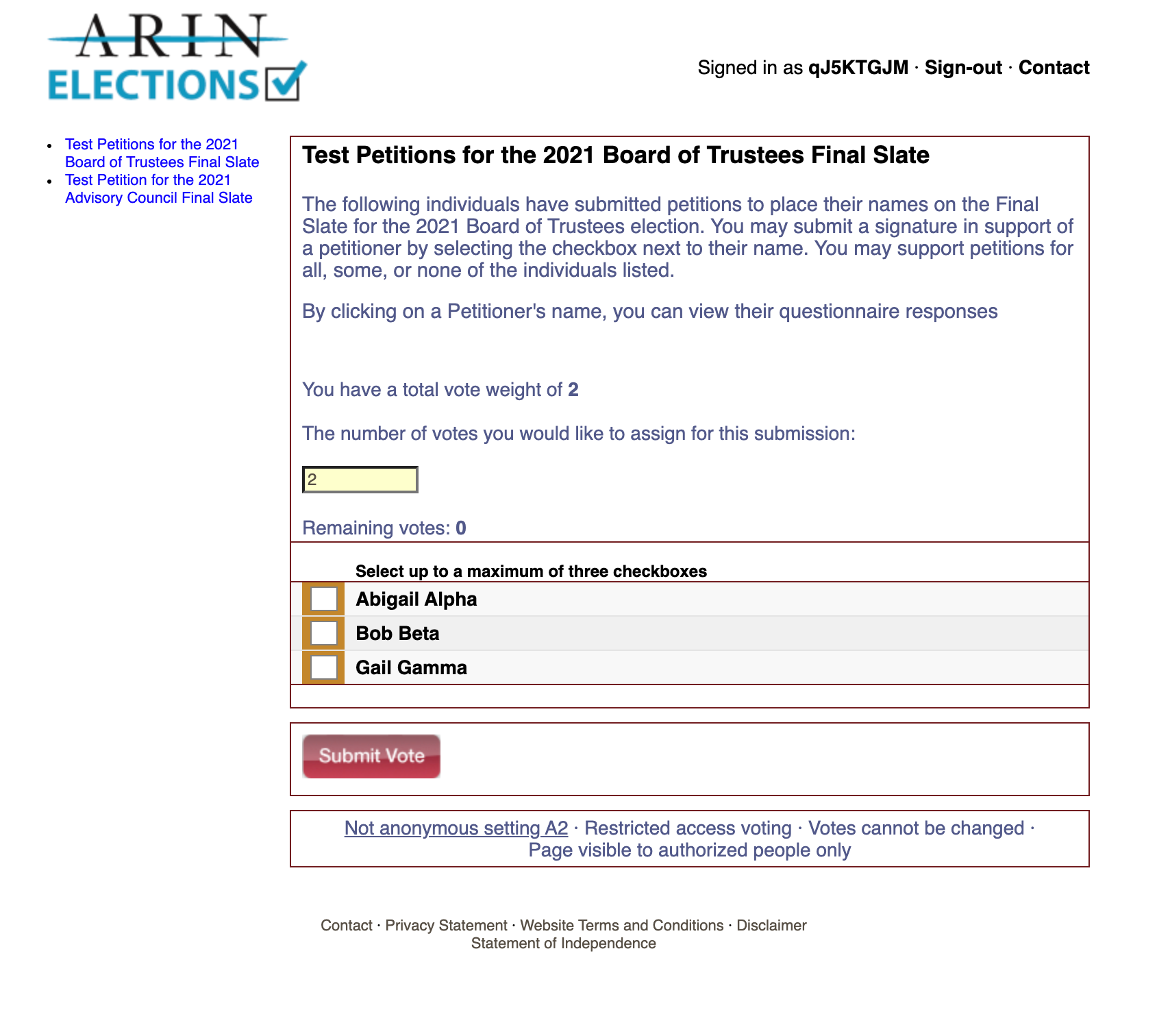 Screen shot of Example Board Petition Ballot