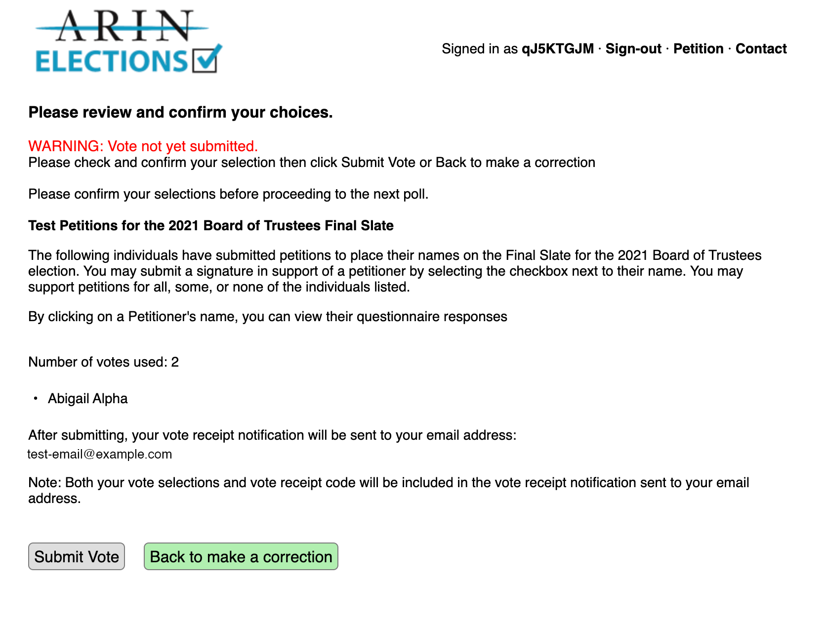 Screen shot of Example Board Petition Signature Confirmation Screen