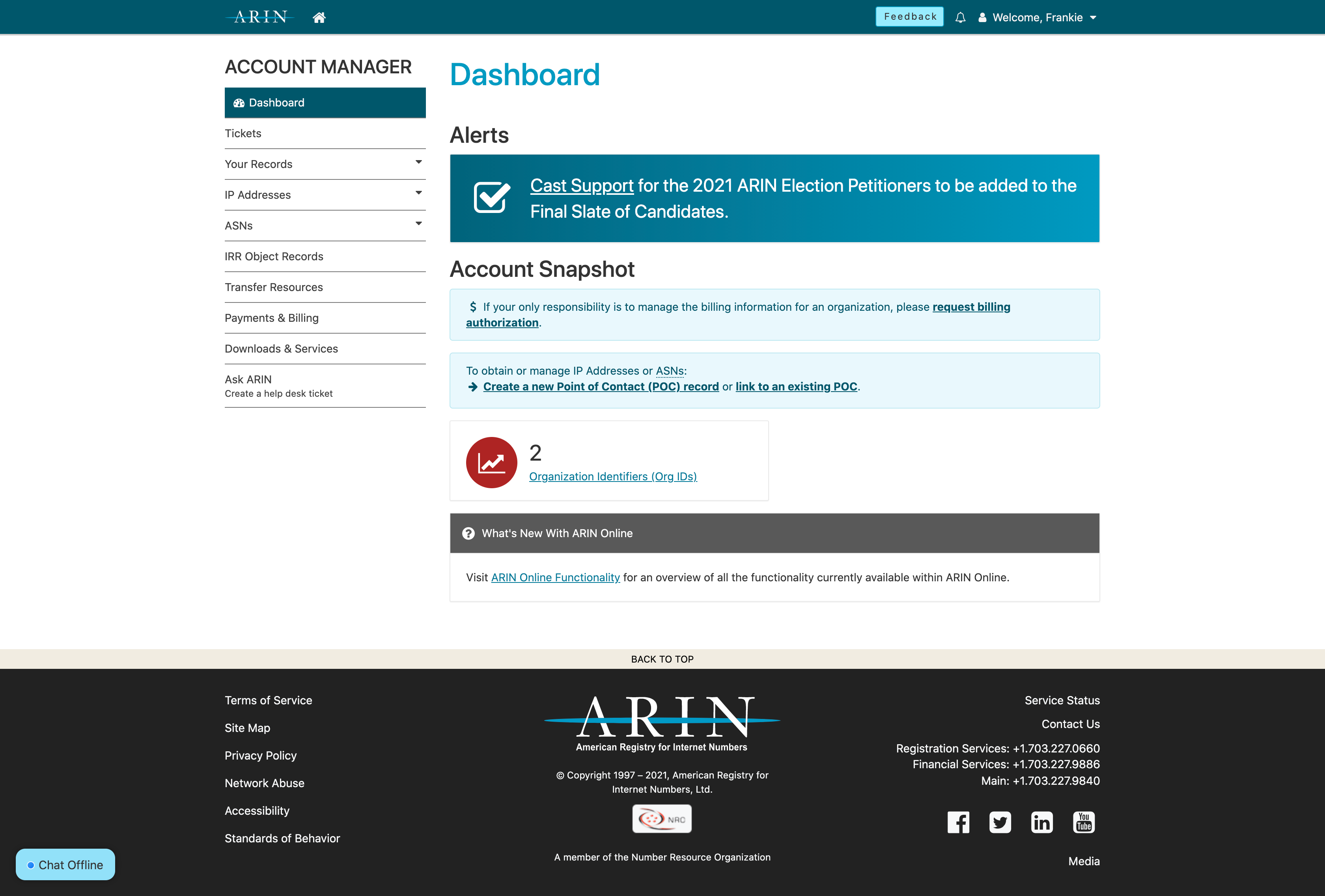Screen shot of ARIN Online Dashboard showing Cast Support link