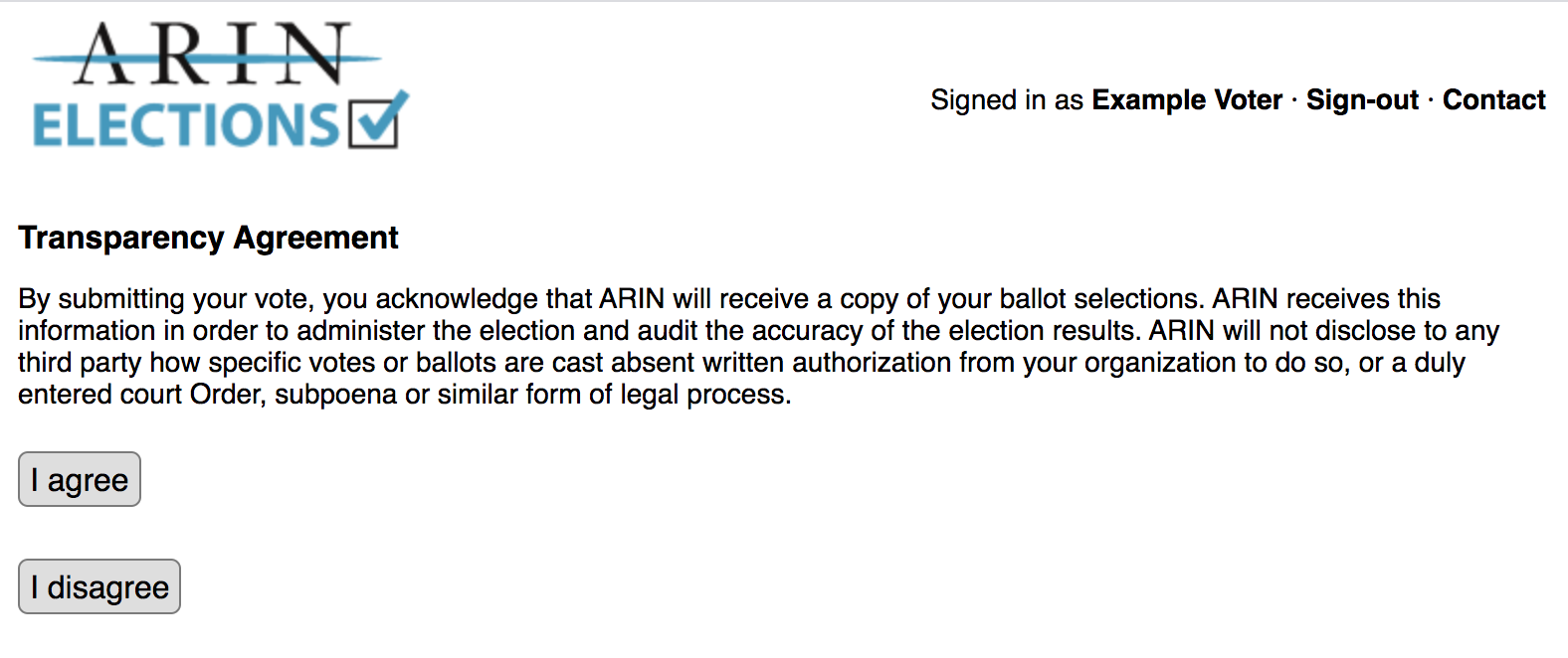 Screen shot of Transparency Agreement Screen