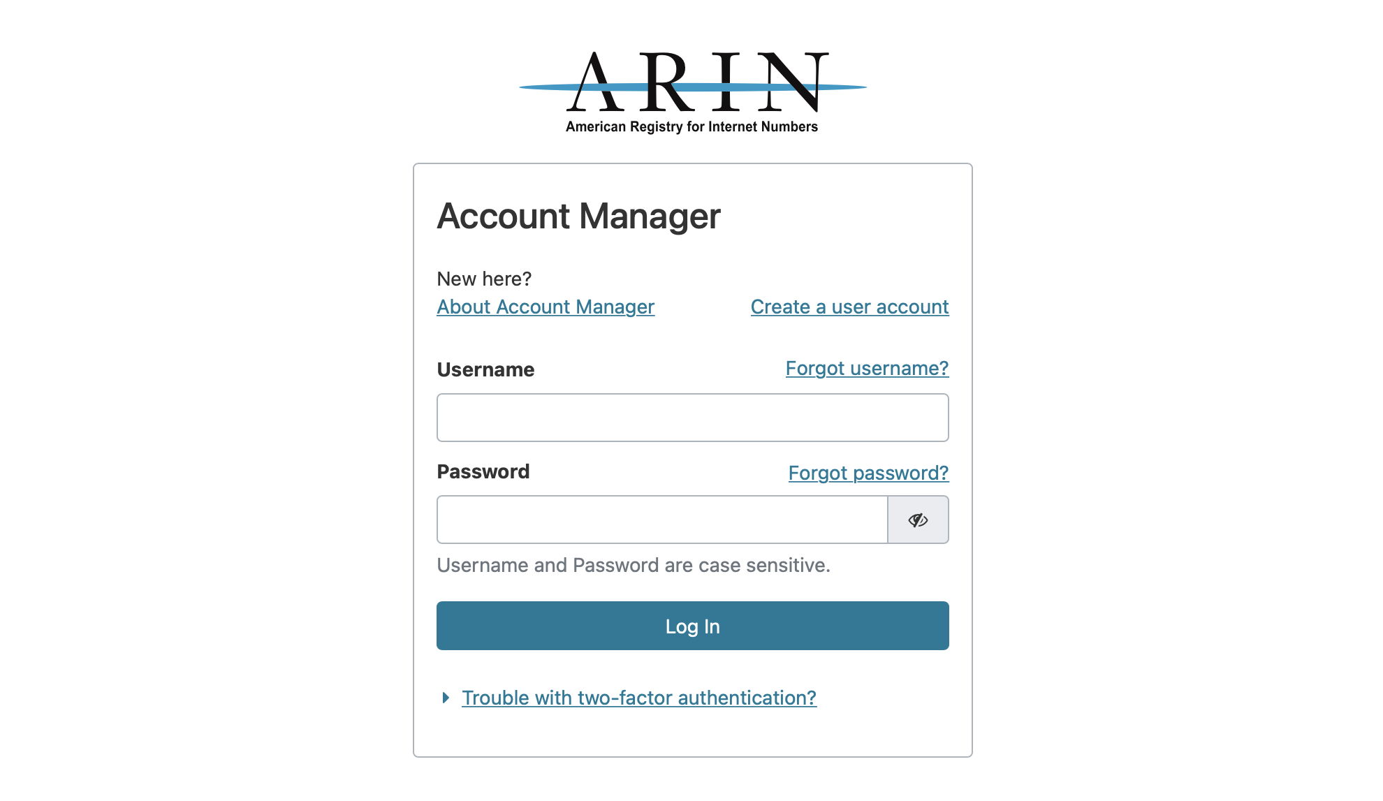 ARIN Online log in screen