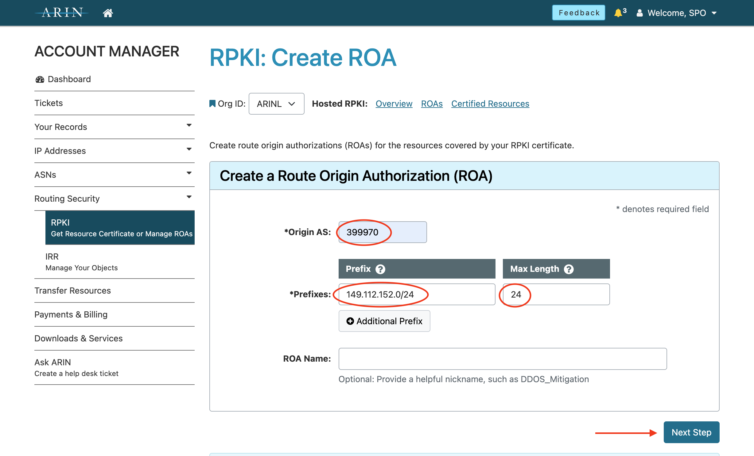 Enter ROA Information