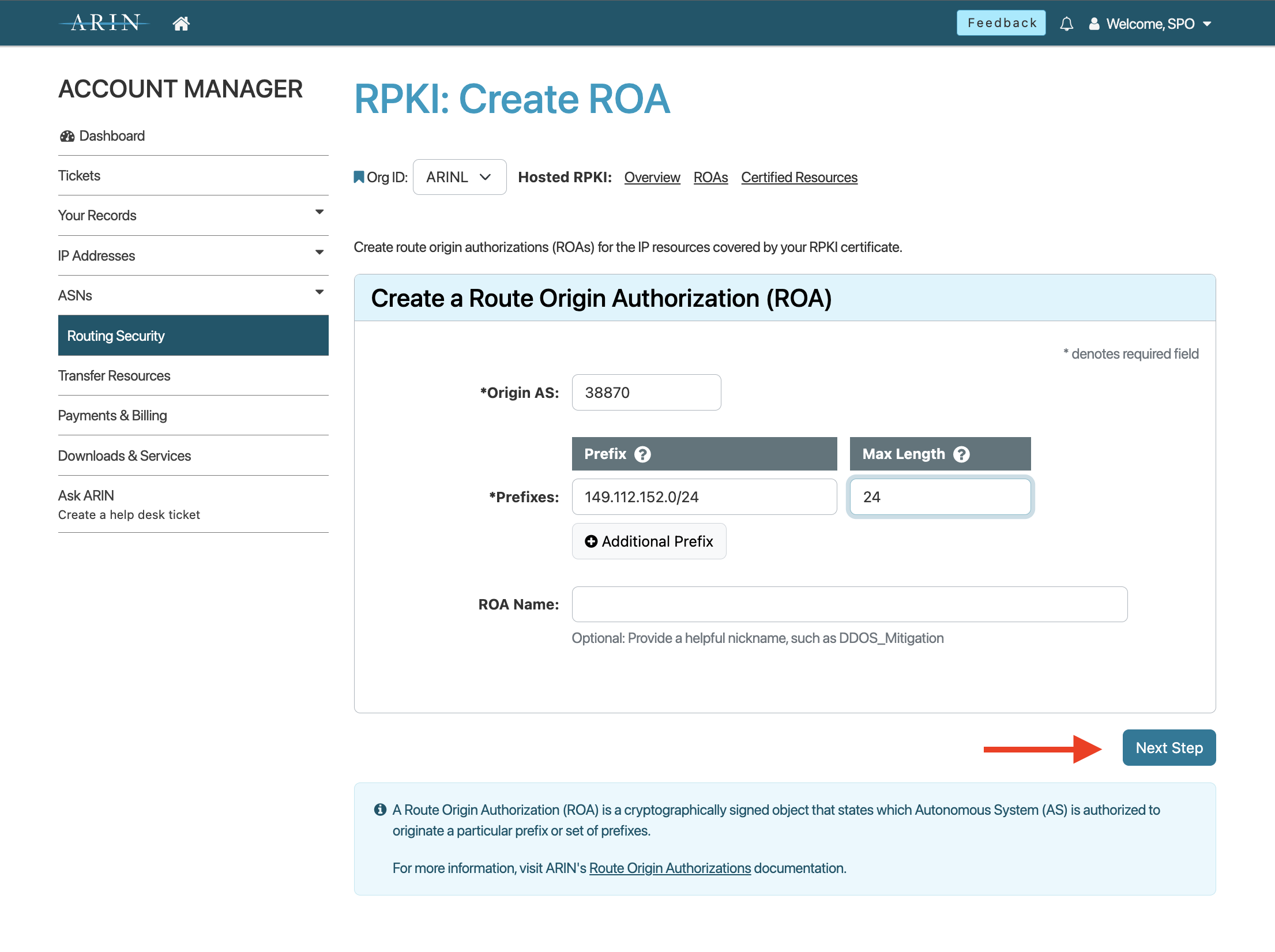 Enter ROA Information