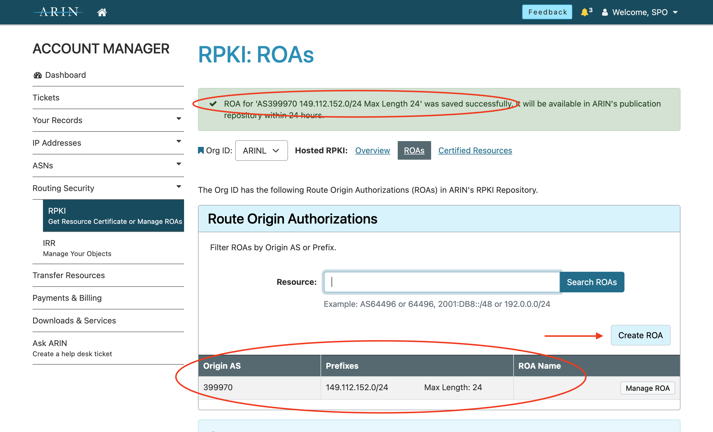 New ROA Created