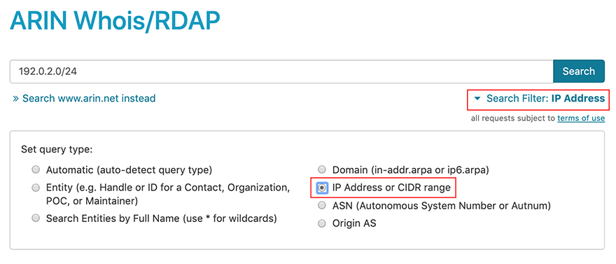 screen capture showing whois/rdap search with cidr filter