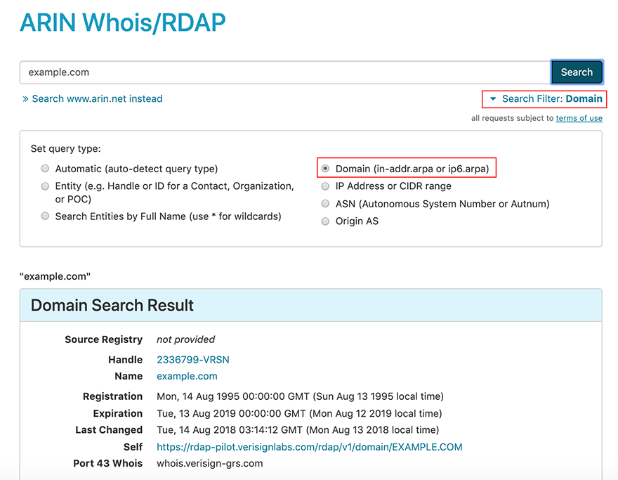 screen capture showing searching on a forward domain