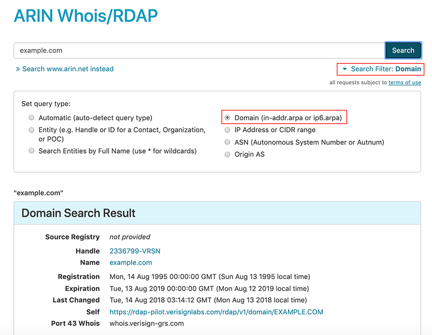 The results of a Whois lookup on the IP address of the Web servers that