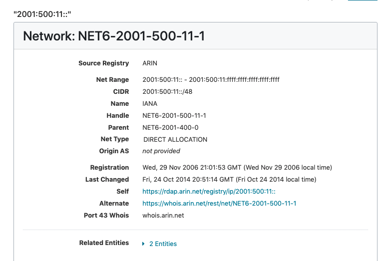 screen capture showing results from searching on an ip address