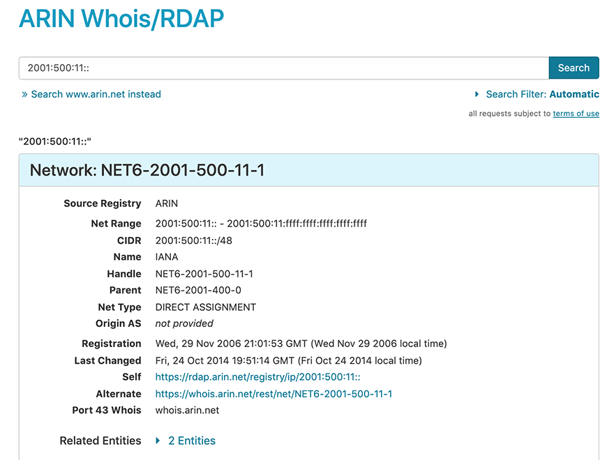 screen capture showing results from searching on an ip address
